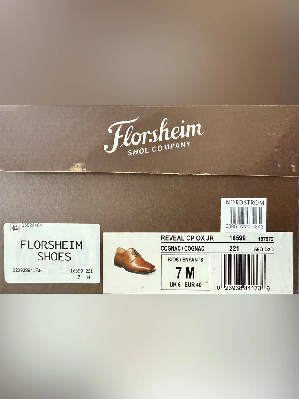 Florsheim Kids Reveal Jr Cap Toe Oxford Leather Dress Shoes Cognac 7M